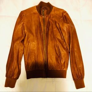Tan, faux leather bomber jacket